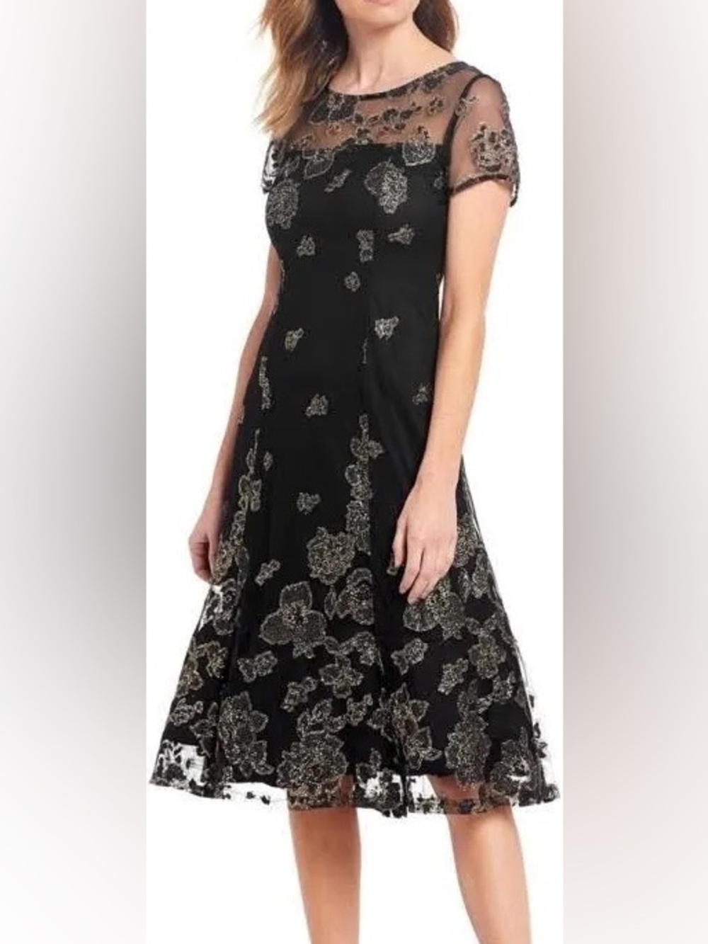 Ignite Evening - Black Midi Dress with Gold Floral Embroidery